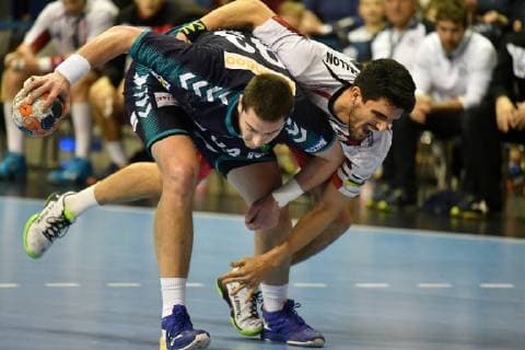 Mijajlo Marsenic Foxes with ball back Miguel Sanchez Migallon Naranjo Nr 2 BM Logrono La Rioja Foxes Berlin ESP BM Logrono La Rioja EHF Cup Mens 2018 2019 Group stage Men men men Handball Germany Germany Max Schmeling Halle Berlin 3 3 2019