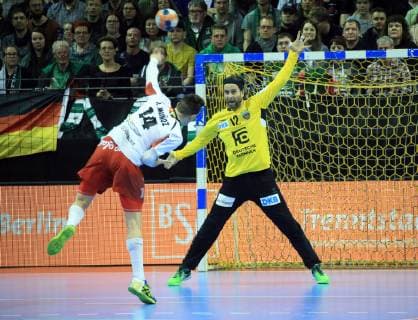 GER European Cup FUECHSE BERLIN VS BM Logrono La Rioja 03 03 2019 Max Schmeling Halle Berlin GER European Cup FUECHSE BERLIN VS BM Logrono La Rioja DHB regulations prohibit any use of photographs as image sequences and or quasi video in picture 7m Silvio Heinevetter Fuechse Berlin 12 Javier Munoz Cabezon Logrono 14 nordphotox xEngler nph00076