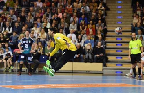 Silvio Heinevetter Goalkeeper Foxes here a goal Foxes Berlin ESP BM Logrono La Rioja EHF Cup Mens 2018 2019 Group stage men men men Handball Germany Germany Max Schmeling Halle Berlin 3 3 2019