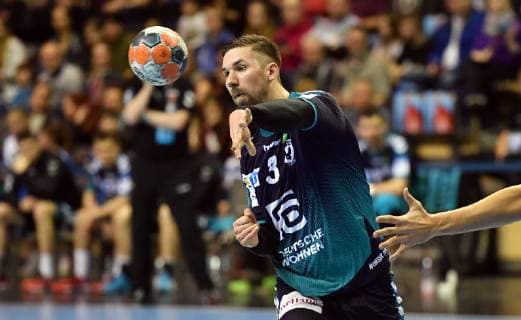 Fabian Wiede Füchse playing Füchse Berlin ESP BM Logrono La Rioja EHF Cup Mens 2018 2019 Group stage Men men men Handball Germany Germany Max Schmeling Halle Berlin 3 3 2019