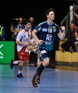 Hans Lindberg Füchse cheers after a goal Füchse Berlin ESP BM Logrono La Rioja EHF Cup Mens 2018 2019 Group stage men men men Handball Germany Germany Max Schmeling Halle Berlin 3 3 2019