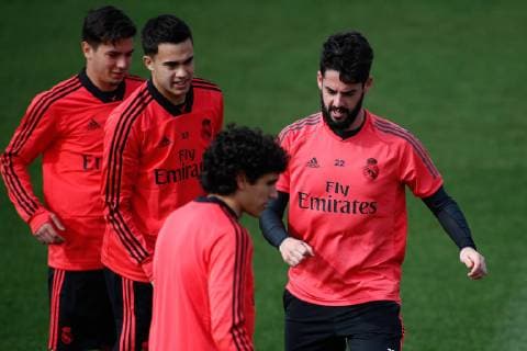 March 4, 2019 - Valdevebas, MADRID, SPAIN - Isco Alarcon of Real Madrid, Reguilon of Real Madrid, Brahim Diaz of Real Madrid during the Real Madrid s training season one day before of UEFA Champions League football match between Real Madrid and Ajax, at Ciudad Deportiva Valdebebas, Madrid, Spain. March 4, 2019. Soccer: Champions League - Real Madrid training day - ZUMAa181 20190304_zaa_a181_014 Copyright: xAFP7x