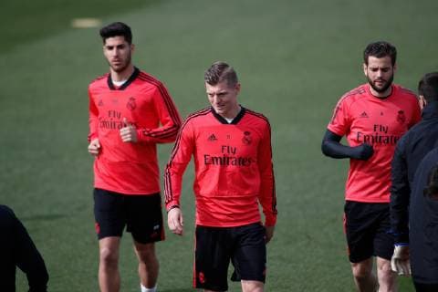 March 4, 2019 - Valdevebas, MADRID, SPAIN - Toni Kroos of Real Madrid , Marco Asensio of Real Madrid , Nacho of Real Madrid during the Real Madrid s training season one day before of UEFA Champions League football match between Real Madrid and Ajax, at Ciudad Deportiva Valdebebas, Madrid, Spain. March 4, 2019. Soccer: Champions League - Real Madrid training day - ZUMAa181 20190304_zaa_a181_027 Copyright: xAFP7x