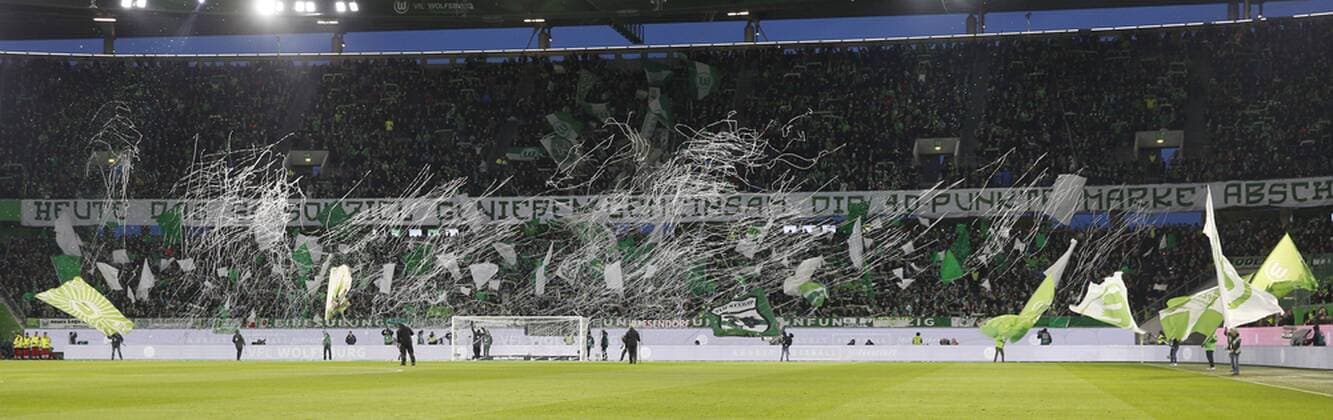 03 03 2019 Volkswagen Arena Wolfsburg league match 1 league VfL Wolfsburg vs SV Werder Bremen in picture overview fan choreography VfL Wolfsburg DFL regulations prohibit any use of photographs as image sequences and or quasi video VfL Wolfsburg vs SV Werder Bremen