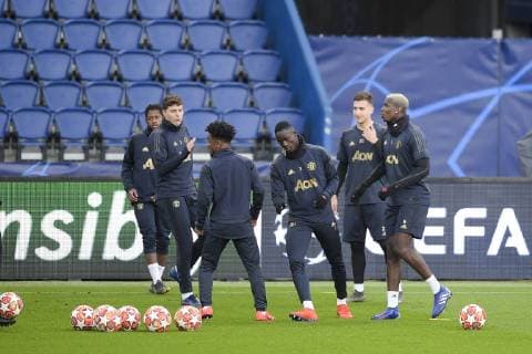 Entrainement des joueurs de Manchester United ManU Victor Lindelof (Man Utd) Paul Pogba (Man Utd) Eric Bailly (Man Utd) FOOTBALL : Entrainement Manchester Utd - UEFA Champions league - J-1 - Paris - 05 03 2019 JBAutissier Panoramic 