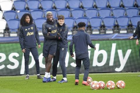 Entrainement des joueurs de Manchester United ManU Victor Lindelof (Man Utd) Paul Pogba (Man Utd) FOOTBALL : Entrainement Manchester Utd - UEFA Champions league - J-1 - Paris - 05 03 2019 JBAutissier Panoramic 
