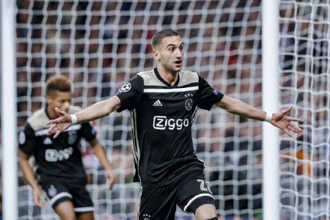 MADRID, 05-03-2019, Stadium Bernabeu, season 2018 2019 , Champions League 1 8th round second leg. Ajax player Hakim Ziyech celebrating his 0-1 during the game Real Madrid - Ajax . Real Madrid - Ajax  x2901159x