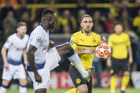 Football UEFA Champions League CL Season 2018 2019 Round of sixteen return Borussia Dortmund Tottenham Hotspurs in Dortmund North Rhine-Westphalia Tottenhams Davinson Sanchez l and Dortmunds Paco Alcacer fight for the ball UEFA REGULATIONS PROHIBIT ANY USE OF PHOTOGRAPHS AS IMAGE SEQUENCES AND OR QUASI VIDEO Copyright: xKirchner DavidxInderliedx