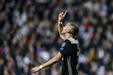 MADRID, 05-03-2019, Stadium Bernabeu, season 2018 2019 , Champions League 1 8th round second leg. Ajax player Hakim Ziyech celebrating his 0-1 during the game Real Madrid - Ajax . Real Madrid - Ajax  x2901176x