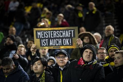 GER UEFA CL Borussia Dortmund vs. Tottenham Hotspur 05 03 2019 Signal Iduna Park Dortmund GER UEFA CL Borussia Dortmund vs. Tottenham Hotspur UEFA REGULATIONS PROHIBIT ANY USE OF PHOTOGRAPHS AS IMAGE SEQUENCES AND OR QUASI VIDEO in picture shows Fan with poster nordphotox xRauch nph00251