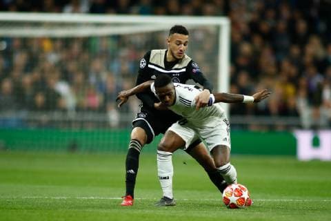 March 5, 2019 - Madrid, MADRID, SPAIN - Vinicius Jr of Real Madrid and Benjamin Van Leer of Ajax during the UEFA Champions League football match played between Real Madrid and Ajax at Santiago Bernabeu Stadium, Madrid, Spain, on March 5, 2019. Soccer: Champions League - Real Madrid v Ajax - ZUMAa181 20190305_zaa_a181_039 Copyright: xAFP7x