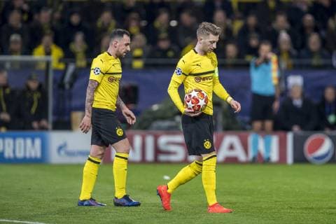 Football UEFA Champions League CL Season 2018 2019 Round of sixteen return Borussia Dortmund Tottenham Hotspurs in Dortmund North Rhine-Westphalia Dortmunds Paco Alcacer l and Dortmunds Marco Reus are disappointed UEFA REGULATIONS PROHIBIT ANY USE OF PHOTOGRAPHS AS IMAGE SEQUENCES AND OR QUASI VIDEO Copyright: xKirchner DavidxInderliedx