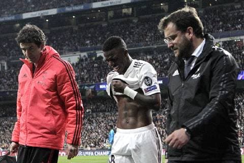Real Madrid s Vinicius Junior injured during a UEFA Champions League match. Round of 16. Second leg. March, 5,2019.  (2019030524)