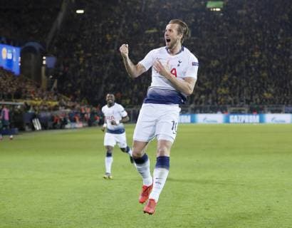 Harry Kane of Tottenham jumps up to celebrate scoring the first goal of the night during the UEFA Champions League Round of Sixteen match at the Signal Iduna Park Stadium, Dortmund. Picture date: 5th March 2019. Picture credit should read: David Klein Sportimage EDITORIAL USE ONLY. No use with unauthorised audio, video, data, fixture lists, club league logos or live services. Online in-match use limited to 120 images, no video emulation. No use in betting, games or single club league player publications. _1DK4064.JPG