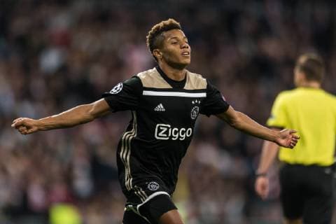 Madrid Spain 05 03 2019 UEFA Champions League 2018 19 Season Round of 16 Real Madrid Ajax Amsterdam Real Madrid David Neres Ajax celebrates his team s second goal DeFodi531