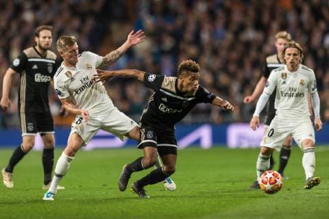 Madrid Spain 05 03 2019 UEFA Champions League 2018 19 Season Round of 16 Real Madrid Ajax Amsterdam Real Madrid Toni Kroos Real Madrid and David Neres Ajax battle for the ball DeFodi531