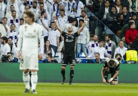 Partido de vuelta de octavos de final de la Liga de Campeones entre el Real Madrid y el Ajax. En la imagen, celebracion de Ziyech tras marcar. 1 16 second leg match of the Champions League between Real Madrid and Ajax. In this picture, Ziyech celebrates after scoring. 