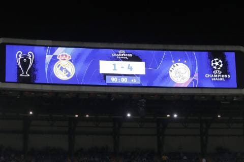 score board 1-4 during the UEFA Champions League round of 16 match between Real Madrid and Ajax Amsterdam at the Santiago Bernabeu stadium on March 05, 2019 in Madrid, Spain UEFA Champions League 2018 2019 xVIxVIxImagesx xMauricexvanxSteenxIVx 13824475