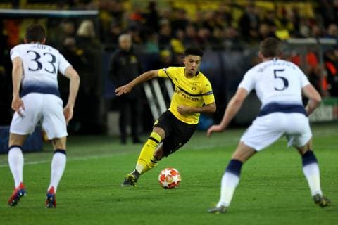 5th March 2019, Westfalenstadion, Dortmund, Germany; UEFA Champions League football, round of 16, second leg, Borussia Dortmund versus Tottenham Hotspur; Jadon Sancho of Borussia Dortmund runs at Ben Davies and Jan Vertonghen of Tottenham Hotspur  ActionPlus12111266 ShaunxBrooks