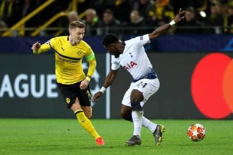 5th March 2019, Westfalenstadion, Dortmund, Germany; UEFA Champions League football, round of 16, second leg, Borussia Dortmund versus Tottenham Hotspur; Marco Reus of Borussia Dortmund takes on Serge Aurier of Tottenham Hotspur  ActionPlus12111268 ShaunxBrooks