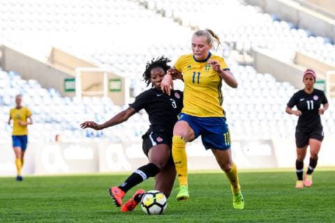 190306 Kadeisha Buchanan of Canada and Stina Blackstenius of Sweden during the Algarve Cup 2019 match between Canada and Sweden on March 6 2019 in Almancil Photo Ludvig Thunman BILDBYRAN kod LT 35616,  Copyright: LUDVIGxTHUNMAN BB190306LT025