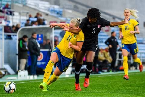 190306 Kadeisha Buchanan of Canada and Stina Blackstenius of Sweden during the Algarve Cup 2019 match between Canada and Sweden on March 6 2019 in Almancil Photo Ludvig Thunman BILDBYRAN kod LT 35616,  Copyright: LUDVIGxTHUNMAN BB190306LT051