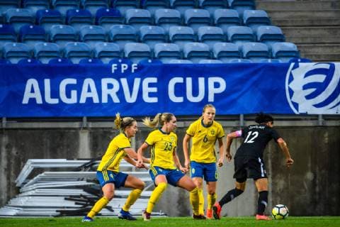 190306 Linda Sembrant Elin Rubensson and Magdalena Eriksson of Sweden against Christine Sinclair of Canada during the Algarve Cup 2019 match between Canada and Sweden on March 6 2019 in Almancil Photo Ludvig Thunman BILDBYRAN kod LT 35616,  Copyright: LUDVIGxTHUNMAN BB190306LT063