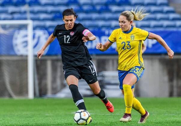 190306 Christine Sinclair of Canada and Elin Rubensson of Sweden during the Algarve Cup 2019 match between Canada and Sweden on March 6 2019 in Almancil Photo Ludvig Thunman BILDBYRAN kod LT 35616,  Copyright: LUDVIGxTHUNMAN BB190306LT065