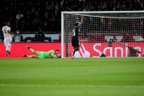 Paris France 06 03 2019 UEFA Champions League 2018 19 Season Round of 16 2nd leg Round of 16 16th leg Paris Saint Germain Manchester United Romelu Lukaku MNU scored the 1 2 goalkeeper Gianluigi Buffon PSG and Presnel Kimpembe PSG DeFodi541