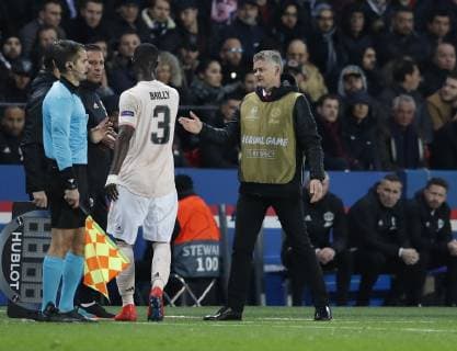 Ole Gunnar Solskjaer manager of Manchester United ManU wearing a Uefa bib during the UEFA Champions League Round of Sixteen match at the Parc des Princes Stadium, Paris. Picture date: 6th March 2019. Picture credit should read: David Klein Sportimage EDITORIAL USE ONLY. No use with unauthorised audio, video, data, fixture lists, club league logos or live services. Online in-match use limited to 120 images, no video emulation. No use in betting, games or single club league player publications. _K2I6091.JPG