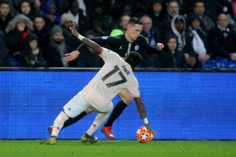 Paris France 06 03 2019 UEFA Champions League 2018 19 Season Round of 16 2nd leg Round of 16th round Paris Saint Germain Manchester United Julian Draxler PSG and Fred MNU in a duel DeFodi541
