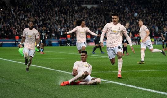 Paris Saint-Germain v Manchester United ManU UEFA Champions League Marcus Rashford of Manchester United celebrates after scoring his team s 3rd goal to make it 3-1 during the UEFA Champions League match at Parc des Princes, Paris Content Not Available For UK Newspapers Copyright: xRussellxHartx FIL-12959-0029