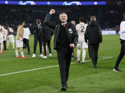 Ole Gunnar Solskjaer manager of Manchester United ManU celebrates the win during the UEFA Champions League Round of Sixteen match at the Parc des Princes Stadium, Paris. Picture date: 6th March 2019. Picture credit should read: David Klein Sportimage EDITORIAL USE ONLY. No use with unauthorised audio, video, data, fixture lists, club league logos or live services. Online in-match use limited to 120 images, no video emulation. No use in betting, games or single club league player publications. SPI_025_DK_PSG_Man_Utd.jpg