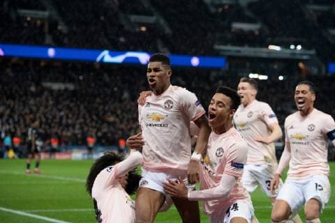 Paris Saint-Germain v Manchester United ManU UEFA Champions League Marcus Rashford of Manchester United celebrates after scoring his team s 3rd goal to make it 3-1 during the UEFA Champions League match at Parc des Princes, Paris Content Not Available For UK Newspapers Copyright: xRussellxHartx FIL-12959-0037