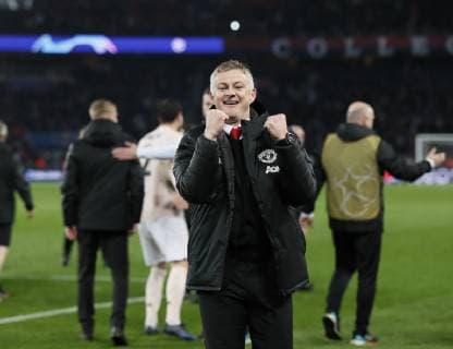 Ole Gunnar Solskjaer manager of Manchester United ManU celebrates the win during the UEFA Champions League Round of Sixteen match at the Parc des Princes Stadium, Paris. Picture date: 6th March 2019. Picture credit should read: David Klein Sportimage EDITORIAL USE ONLY. No use with unauthorised audio, video, data, fixture lists, club league logos or live services. Online in-match use limited to 120 images, no video emulation. No use in betting, games or single club league player publications. _1DK6073.JPG