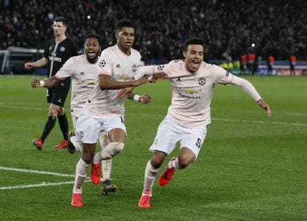 Marcus Rashford of Manchester United ManU celebrates scoring the winning goal during the UEFA Champions League Round of Sixteen match at the Parc des Princes Stadium, Paris. Picture date: 6th March 2019. Picture credit should read: David Klein Sportimage EDITORIAL USE ONLY. No use with unauthorised audio, video, data, fixture lists, club league logos or live services. Online in-match use limited to 120 images, no video emulation. No use in betting, games or single club league player publications. _1DK5935.JPG