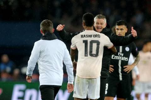 Paris France 06 03 2019 UEFA Champions League 2018 19 Season Round of 16 2nd leg Round of 16 16th leg Paris Saint Germain Manchester United Marcus Rashford MNU and coach Ole Gunnar Solskjaer MNU cheer after victory DeFodi541