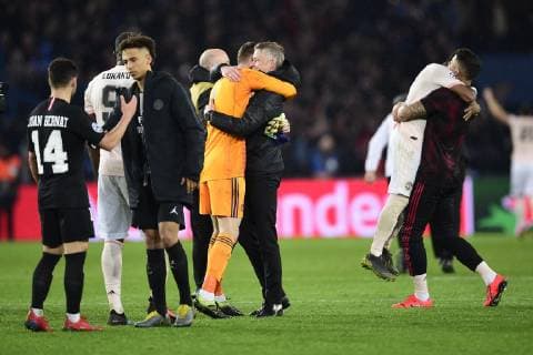 joie des joueurs de Manchester United ManU Ole Gunnar Solskjaer - entraineur (Man Utd) FOOTBALL : PSG vs Manchester Utd - UEFA Champions league - Paris - 06 03 2019 JBAutissier Panoramic 