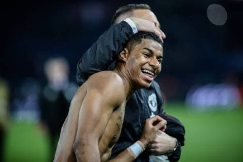 Joy of Manchester United ManU team during Round of 16, second leg of UEFA Champions League match between Paris Saint Germain and Manchester United FC at the Parc des Princes, in Paris on March 6th, 2019.  Copyright: xAurelienxMorissardx
