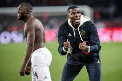Paul Pogba celebrates with Manchester United ManU team during Round of 16, second leg of UEFA Champions League match between Paris Saint Germain and Manchester United FC at the Parc des Princes, in Paris on March 6th, 2019.  Copyright: xAurelienxMorissardx