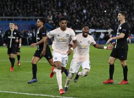 Manchester United ManU s Marcus Rashford celebrates scoring his sides third goal during the UEFA Champions League Round of Sixteen match at the Parc des Princes Stadium, Paris. Picture date: 6th March 2019. Picture credit should read: David Klein Sportimage EDITORIAL USE ONLY. No use with unauthorised audio, video, data, fixture lists, club league logos or live services. Online in-match use limited to 120 images, no video emulation. No use in betting, games or single club league player publications. _1DK5926.JPG