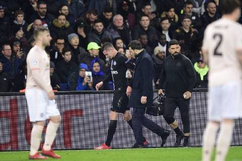 blessure de DRAXLER Julian (PSG) FOOTBALL : PSG vs Manchester Utd - UEFA Champions league - Paris - 06 03 2019 JBAutissier Panoramic 
