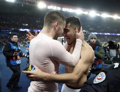 Manchester United ManU s Andreas Pereira celebrates with Luke Shaw during the UEFA Champions League Round of Sixteen match at the Parc des Princes Stadium, Paris. Picture date: 6th March 2019. Picture credit should read: David Klein Sportimage EDITORIAL USE ONLY. No use with unauthorised audio, video, data, fixture lists, club league logos or live services. Online in-match use limited to 120 images, no video emulation. No use in betting, games or single club league player publications. SPI_064_DK_PSG_Man_Utd.jpg