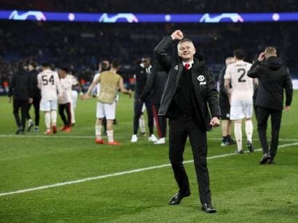 Manchester United ManU Ä?s Ole Gunnar Solskjaer celebrates at the final whistle during the UEFA Champions League Round of Sixteen match at the Parc des Princes Stadium, Paris. Picture date: 6th March 2019. Picture credit should read: David Klein Sportimage EDITORIAL USE ONLY. No use with unauthorised audio, video, data, fixture lists, club league logos or live services. Online in-match use limited to 120 images, no video emulation. No use in betting, games or single club league player publications. _1DK6101.JPG
