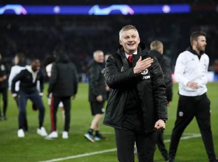 Manchester United ManU s Ole Gunnar Solskjaer celebrates at the final whistle during the UEFA Champions League Round of Sixteen match at the Parc des Princes Stadium, Paris. Picture date: 6th March 2019. Picture credit should read: David Klein Sportimage EDITORIAL USE ONLY. No use with unauthorised audio, video, data, fixture lists, club league logos or live services. Online in-match use limited to 120 images, no video emulation. No use in betting, games or single club league player publications. _1DK6089.JPG