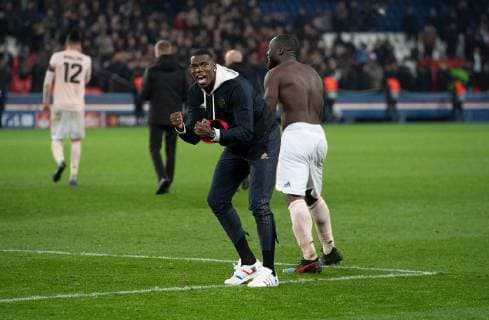 Paris Saint-Germain v Manchester United ManU UEFA Champions League Paul Pogba of Manchester United joins the celebrations following the UEFA Champions League match at Parc des Princes, Paris Content Not Available For UK Newspapers Copyright: xRussellxHartx FIL-12959-0078