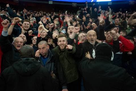Paris Saint-Germain v Manchester United ManU UEFA Champions League Manchester United fans celebrate the UEFA Champions League match at Parc des Princes, Paris Content Not Available For UK Newspapers Copyright: xRussellxHartx FIL-12959-0084