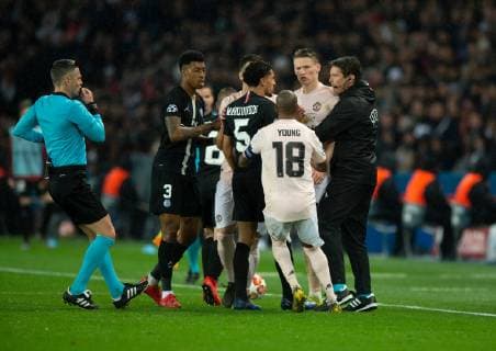 Paris Saint-Germain v Manchester United ManU UEFA Champions League Marquinhos of Paris Saint-Germain loses his temper with Scott McTominay of Manchester United (2nd right) during the UEFA Champions League match at Parc des Princes, Paris Content Not Available For UK Newspapers Copyright: xRussellxHartx FIL-12959-0105