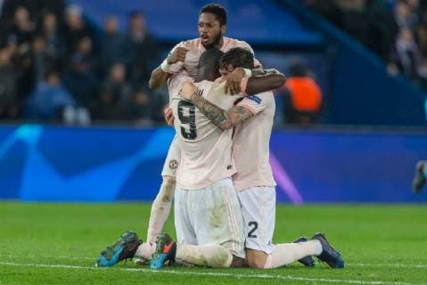 Paris France 06 03 2019 UEFA Champions League 2018 19 Season Round of 16 2nd leg Round of 16 Sixteen Paris Saint Germain Manchester United Romelu Lukaku MNU Fred MNU and Victor Lindeloef MNU Cheering after 0 2 DeFodi541