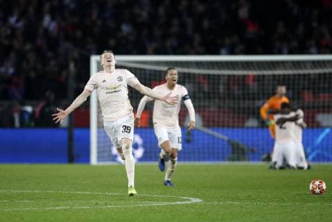 Manchester United ManU s Scott McTominay celebrates at the final whistle during the UEFA Champions League Round of Sixteen match at the Parc des Princes Stadium, Paris. Picture date: 6th March 2019. Picture credit should read: David Klein Sportimage EDITORIAL USE ONLY. No use with unauthorised audio, video, data, fixture lists, club league logos or live services. Online in-match use limited to 120 images, no video emulation. No use in betting, games or single club league player publications. _K2I7856.JPG
